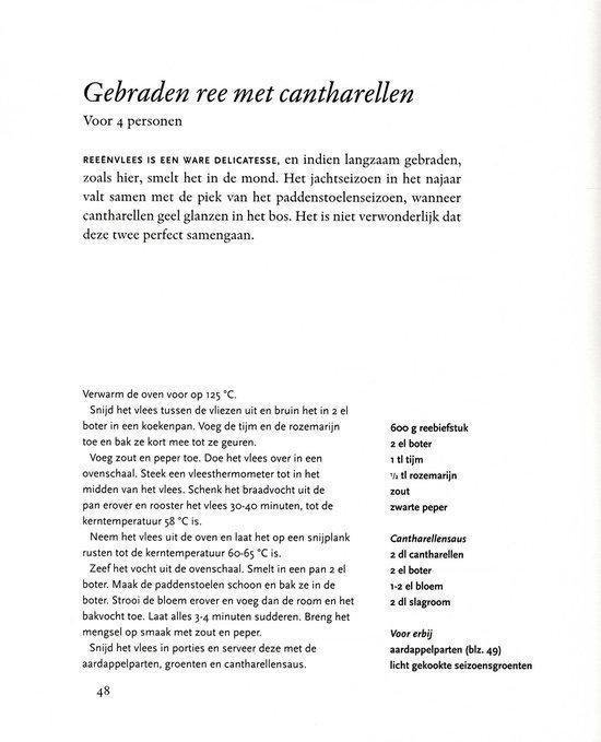 Receptpagina voor gebraden ree met cantharellen, met ingrediënten en bereidingswijze.