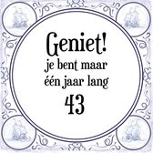 Verjaardag Tegeltje met Spreuk (43 jaar: Geniet! je bent maar één jaar 43! + cadeau verpakking & plakhanger