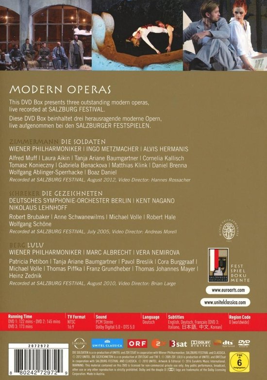 Achterkant DVD-hoes met informatie over '3 MODERN OPERAS'. Afbeeldingen van operascènes en tekst in verschillende talen.