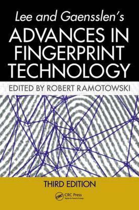 Boek 'Advances in Fingerprint Technology', derde editie, met een afbeelding van een vingerafdruk in grijze lijnen met een paars netwerk erop.