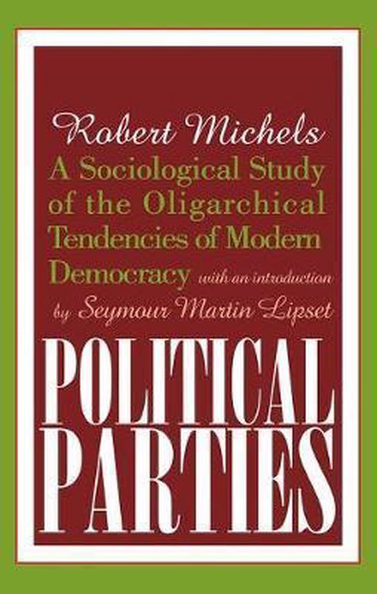 Boekomslag van 'Political Parties' door Robert Michels, met een inleiding van Seymour Martin Lipset. Rood met witte en gouden tekst.