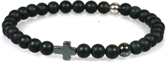IbizaMen - heren armband - Zwart mat hout 6mm - hematiet kruisje en kraal - RVS kraal  (voor andere maten zie omschrijving)