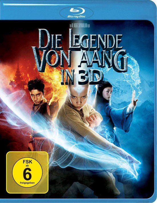 Blu-ray hoes van 'Die Legende van Aang in 3D' met Aang in het midden, omringd door blauwe energie, met Zuko en Katara aan zijn zijden.