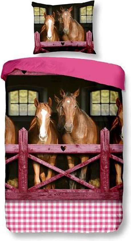 Snoozing Horses - Dekbedovertrek - + 1 kussensloop 60x70 - Pink