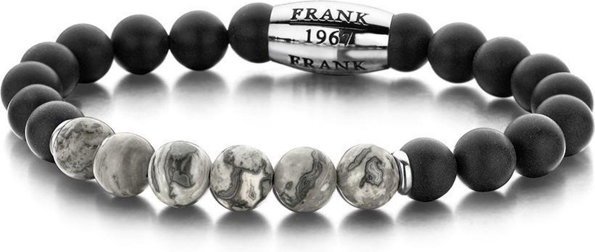 Frank 1967 7FB-0084 - Rekarmband - stalen bead - Agaat en Jaspis 8 mm - one-size - zwart / grijs / zilverkleurig