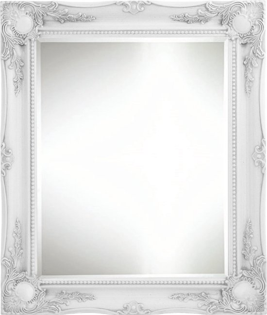 Kleine spiegel wit - Klassieke Barok Spiegel Ethan Buitenmaat 56x66cm Wit - kleine witte wandspiegel - spiegel voor toilet of toiletruimte - toiletspiegel rechthoek - spiegel toilettafel - witte spiegel wand - witte spiegel hout