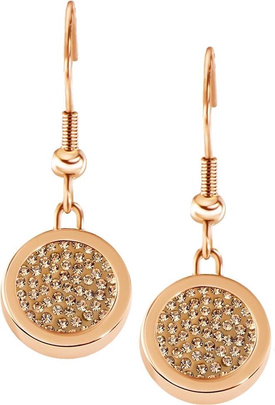 Boucles d'oreilles pendantes à système de vis en acier inoxydable Quiges, couleur rosé avec mini-jeu de pièces interchangeables en zircone champagne