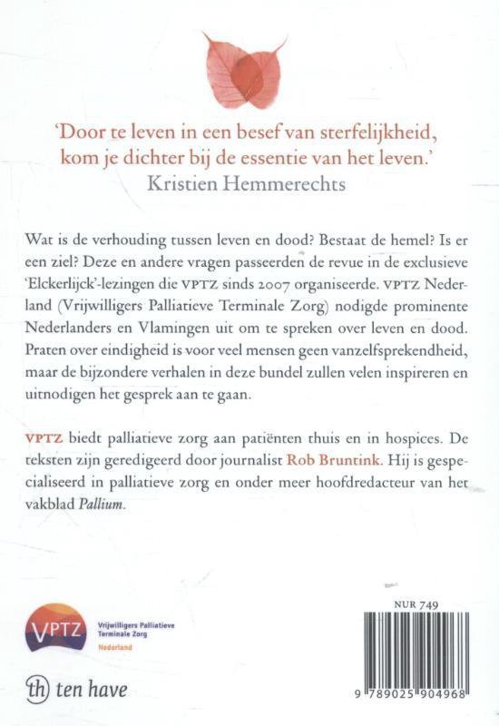 Boekomslag met tekst over leven en dood, en het logo van VPTZ en 'ten have'.