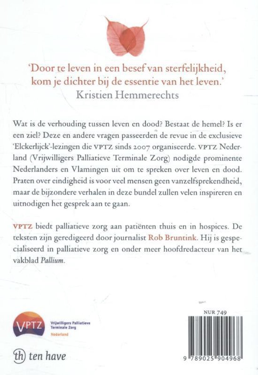 Boekomslag met tekst over leven en dood, en het logo van VPTZ en 'ten have'.