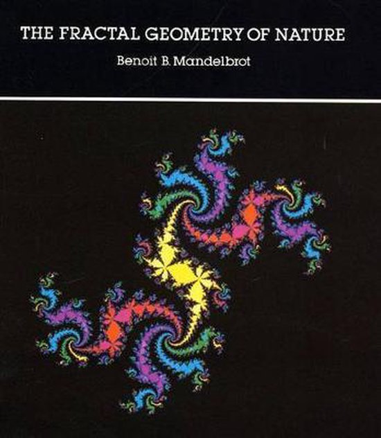 Boek "The Fractal Geometry of Nature" van Benoit B. Mandelbrot met een kleurrijke fractale afbeelding op de kaft.