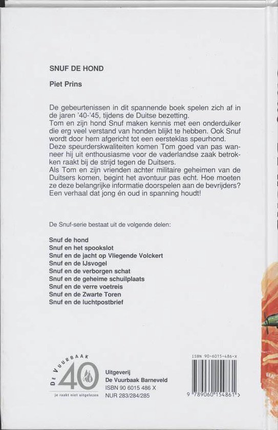 Achterkant van het boek 'Snuf de hond' met de serie-inhoudsopgave en uitgeversinformatie.