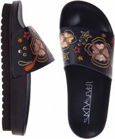 Dames slippers - maat 37 - zwart - geborduurd