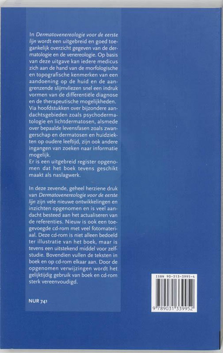 Achterkant van het boek "Dermatovenereologie voor de eerste lijn" met tekst en barcode.