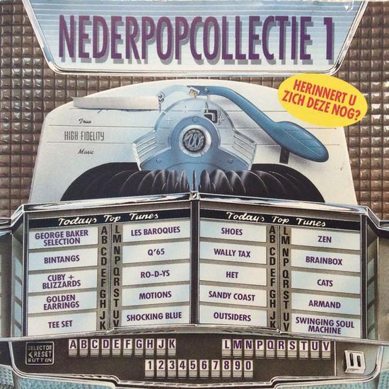 Albumhoes 'Nederpopcollectie 1' met een afbeelding van een jukebox. De titels van de nummers staan op de lijsten.