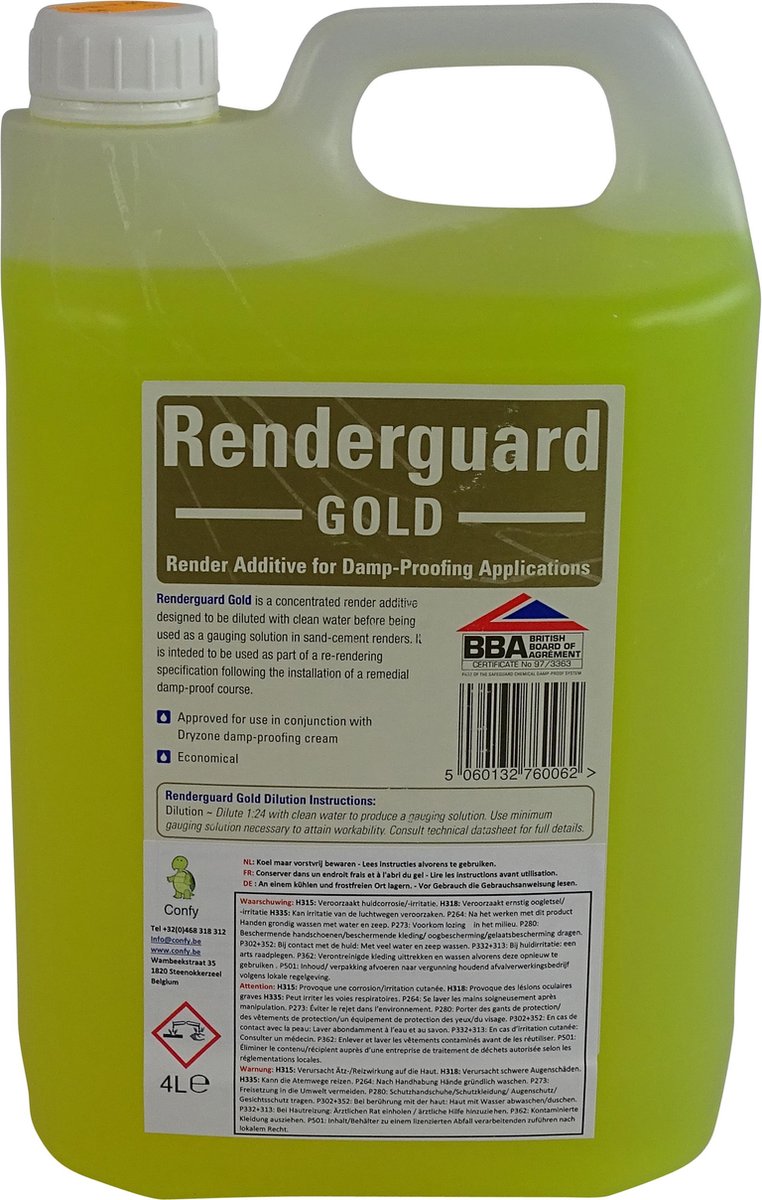 RENDERGUARD GOLD 4L. maakt mortel en beton waterdicht en zout-reducerend