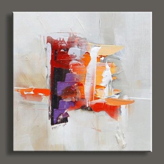 Modern abstract schilderij in de kleuren blauw, grijs en oranje.