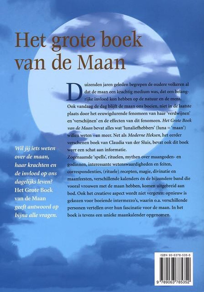Achterkant van Het grote boek van de Maan, met tekst en een volle maan op de achtergrond.