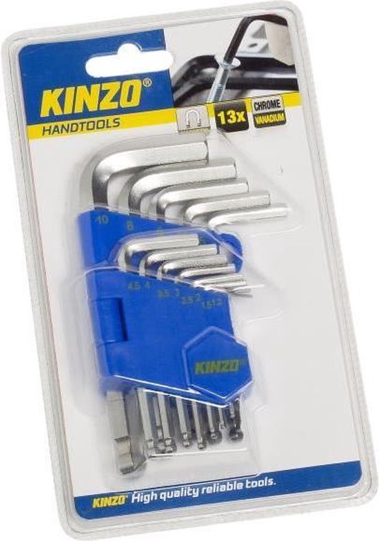 Verpakte set van 13 stuks zilverkleurige inbussleutels met blauwe houder in plastic verpakking met "KINZO Handtools" logo.