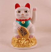 Maneki Neko zwaaiende gelukskat geluksbrenger - kunststof - wit - 11,5x7cm