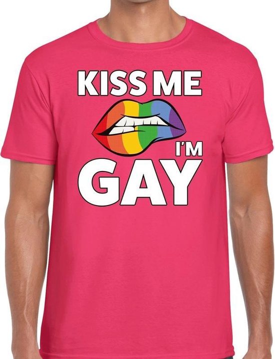 Kiss me i am gay t-shirt roze voor heren - Gay pride kleding M | bol.com