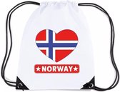 Noorwegen nylon rijgkoord rugzak/ sporttas wit met Noorweegse vlag in hart