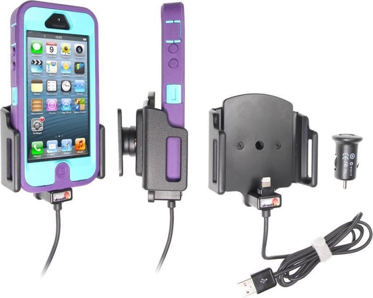 Brodit houder geschikt voor Apple iPhone 5 / 5S / SE Actieve verstelbare houder met 12V USB plug