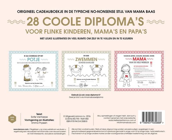 Omslag van 'Het grote diplomaboek' met vier diploma's: Potje, Zwemmen, Mama en een algemene omslag.