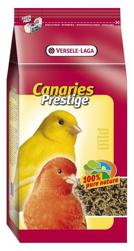 Verpakking met een gele en oranje kanarie. Tekst: Canaries Prestige.
