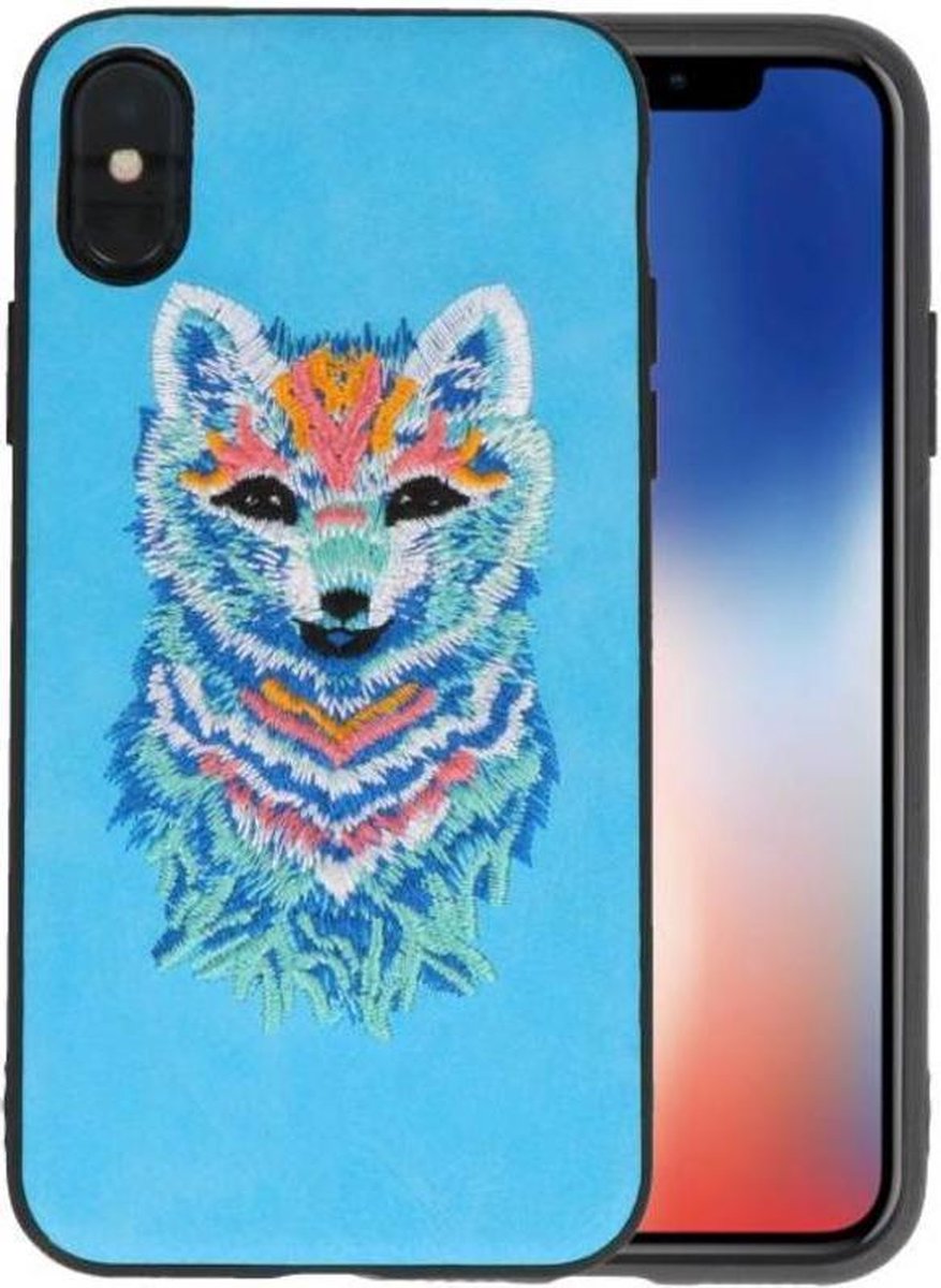 Borduurwerk Wolf Back Cases - Hoesje Geschikt voor iPhone X Blauw