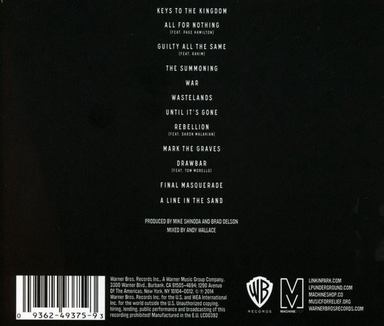 Zwarte achtergrond met witte tekst: 'The Hunting Party' tracklist van Linkin Park