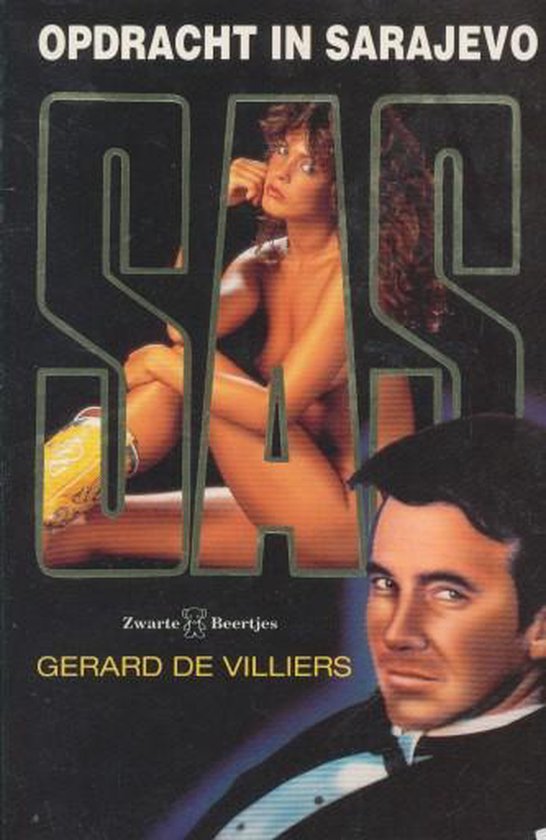 Boekomslag met SAS in grote letters. Vrouw in bikini en man in pak.