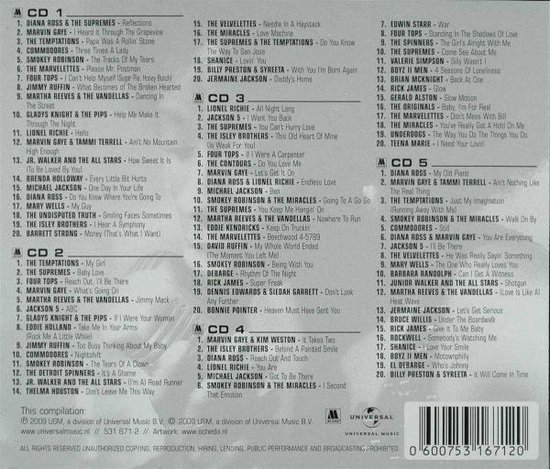 Omslag van de 5CD box "100 Motown Classics" met tracklijsten per CD.