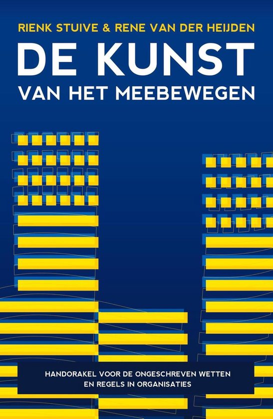 Boek "De kunst van het meebewegen" met blauwe en gele lijnen en tekst.