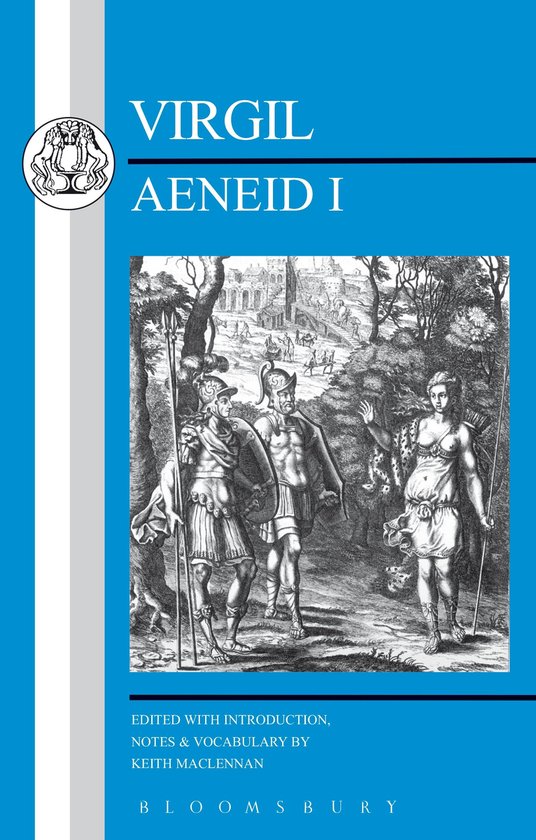 Couverture de livre avec le titre VIRGIL AENEID I. Une gravure montre des guerriers et une déesse au milieu de ruines et d'arbres.