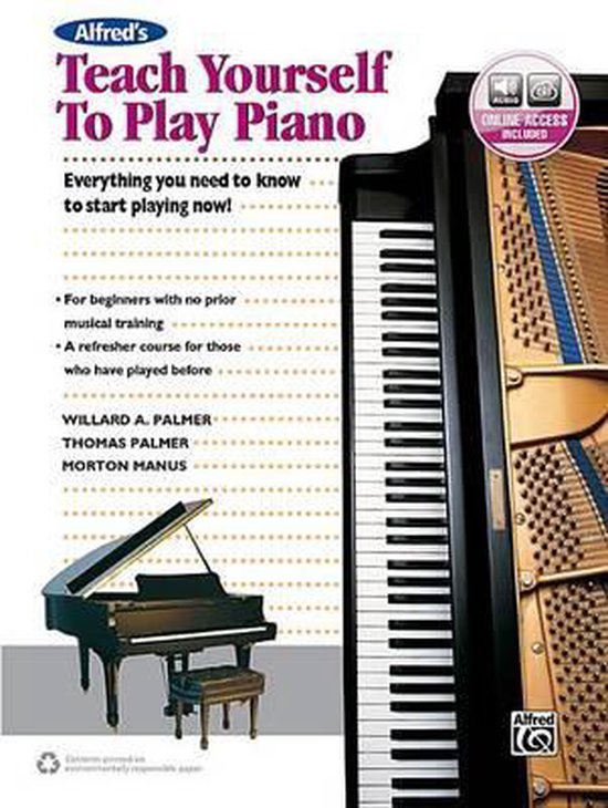 Boek "Alfred's Teach Yourself To Play Piano" met een vleugelpiano en krukje. Online toegang inbegrepen.