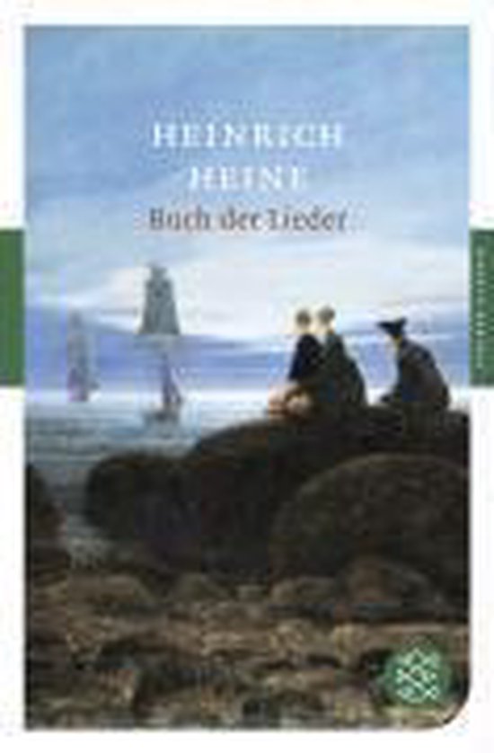 Boekomslag van Buch der Lieder door Heinrich Heine met een schilderij van figuren op rotsen bij de zee.