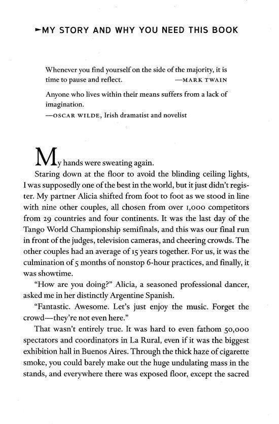 Pagina uit 'My Story and Why You Need This Book' met een citaat van Oscar Wilde en een tekst over tangodans.