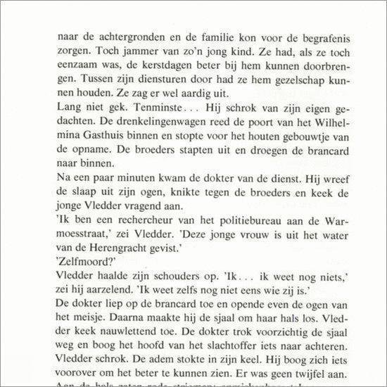Tekstpagina met een gedetailleerd plot uit een misdaadroman. Zwart-wit tekst op crème papier.