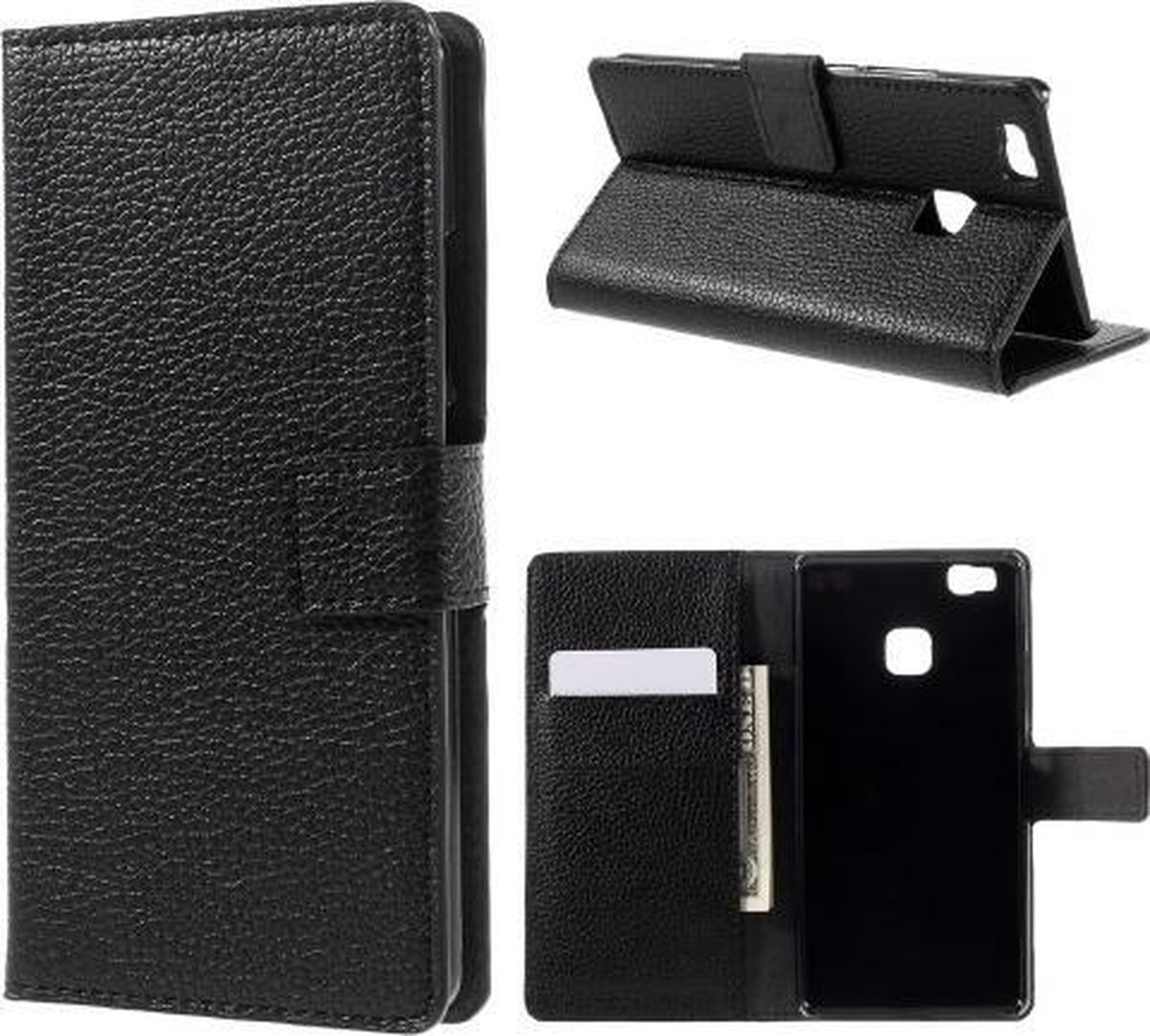 Grain lederlook zwart Wallet case hoesje Geschikt voor: Huawei P9 Lite