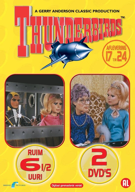 Thunderbirds 2DVD box met afleveringen 17-24. Met een gele achtergrond, de Thunderbirds-logo en afbeeldingen van personages en een ruimteschip.