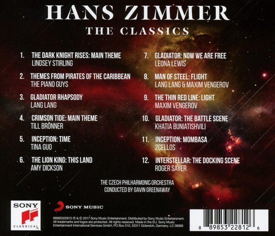 Achterkant van de Hans Zimmer: The Classics CD met tracklijst, Sony Classical en Sony Music logo's.