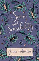 Boekcover van 'Sense and Sensibility' van Jane Austen, met een paarse achtergrond versierd met blauwe en groene bloemranken.
