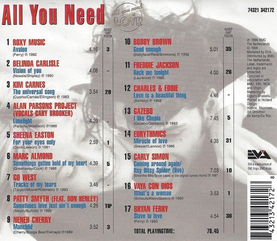Albumhoes met titel 'All You Need Is Love', tracklijsten en artiesten.