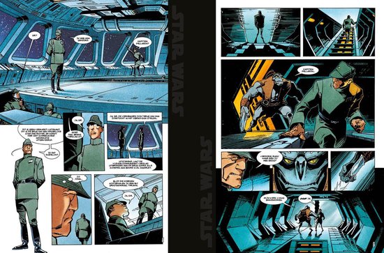 Stripboekpagina met sci-fi figuren. Militairen in uniformen in een ruimteschip. Discussies en actie in kleurrijke panelen.