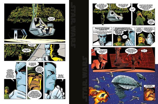 Stripboekpagina met sci-fi figuren in futuristische steden en ruimteschepen. Ze praten en vechten in kleurrijke panelen.