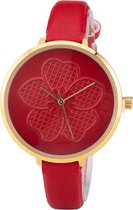 Leren Dames Horloge - Dunne 1 cm Band - Rood - Bloemen