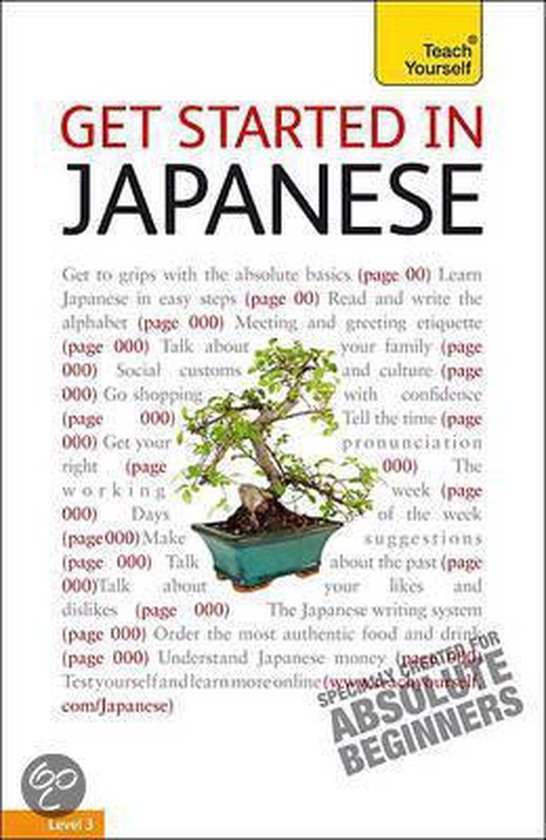 Boek 'Get Started in Japanese' met een afbeelding van een bonsai boom.