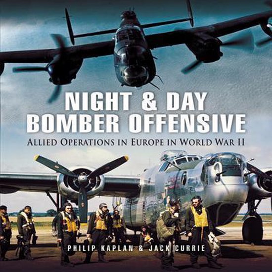 Boekomslag met tekst 'Night & Day Bomber Offensive. Allied Operations in Europe in World War II'. Twee bommenwerpers en piloten.