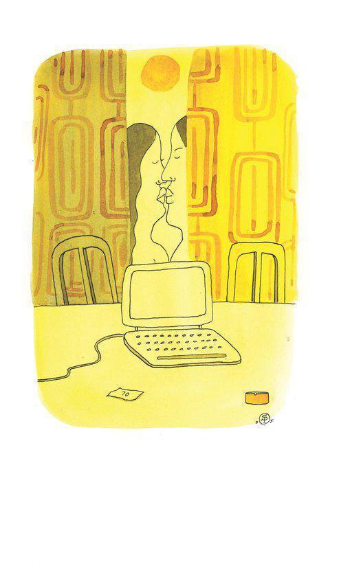 Illustratie van twee mensen die elkaar kussen voor een computer met een gele achtergrond met patronen.