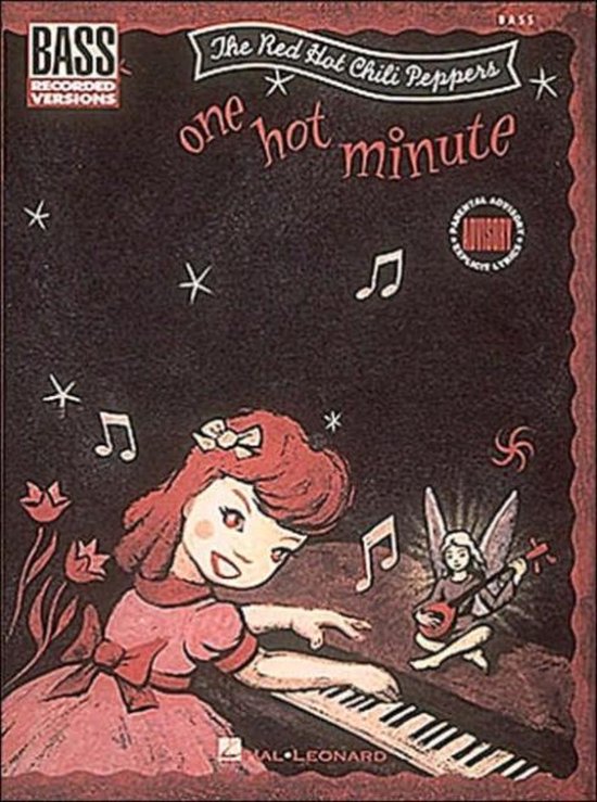 Boek met de titel 'One Hot Minute' van The Red Hot Chili Peppers, met een illustratie van een meisje dat piano speelt, begeleid door een fee met een luit.